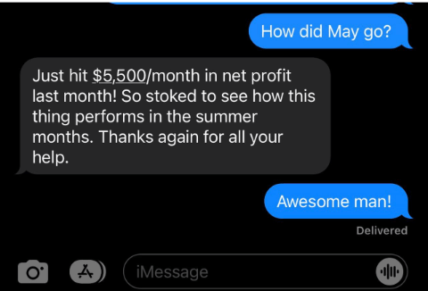 Student message screenshot showing five thousand five hundred dollars per month in net profit