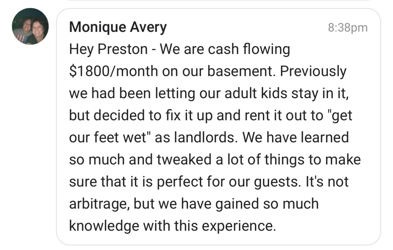 Monique Avery screenshot saying the property is cash flowing eighteen hundred dollars per month