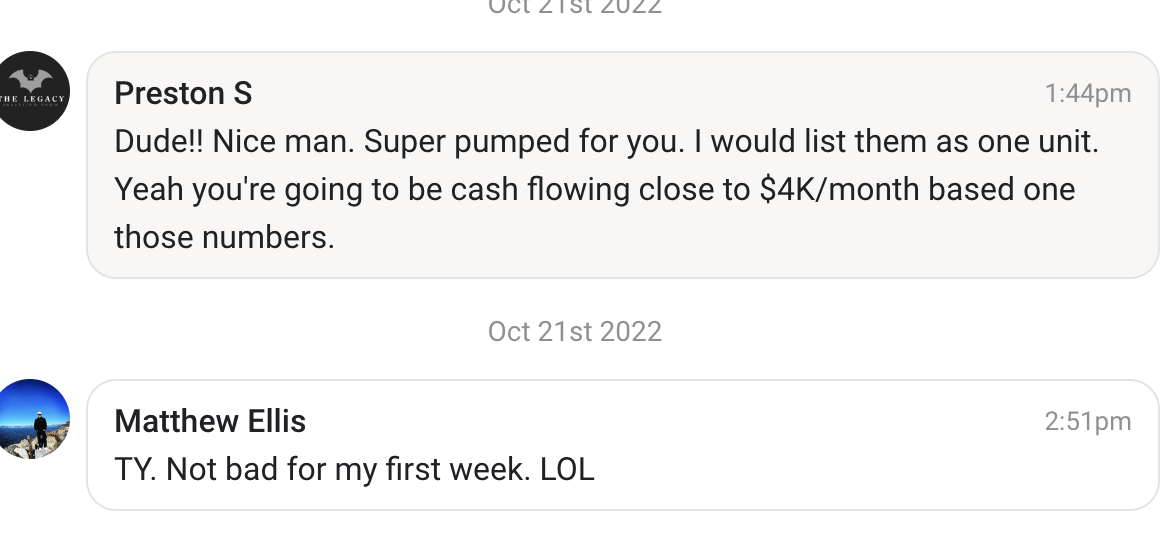 Matthew Ellis screenshot showing a first-week update and close to four thousand dollars per month in cash flow