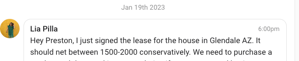 Lia Pilla screenshot saying she signed the lease for a house in Glendale Arizona