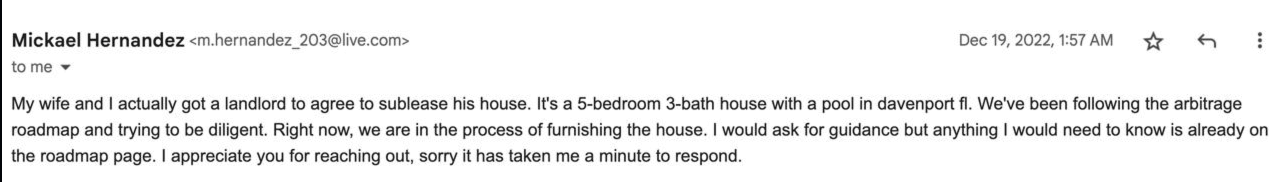 Mickael Hernandez email screenshot about first sublease house in Davenport Florida