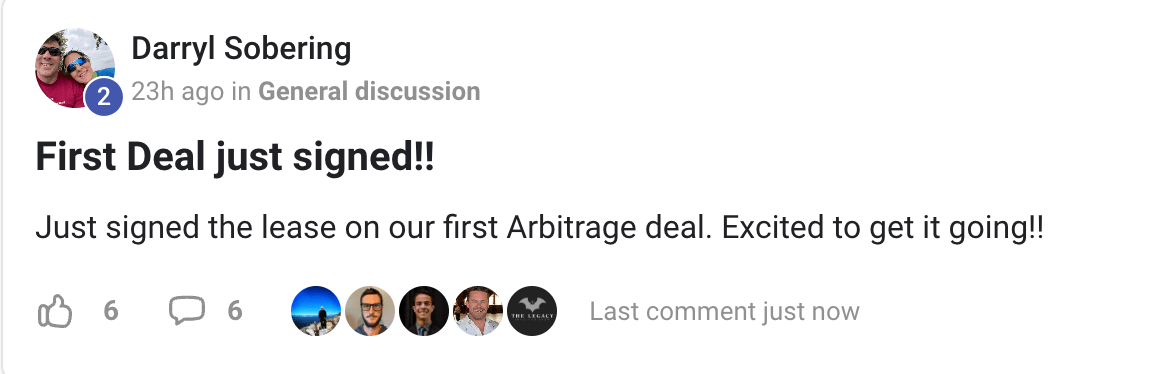 First deal screenshot saying just signed the lease on first arbitrage deal