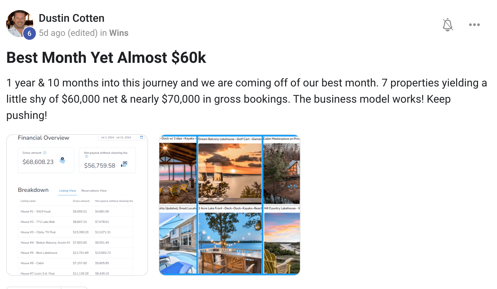 Dustin Cotten screenshot showing nearly sixty thousand dollars net across seven properties