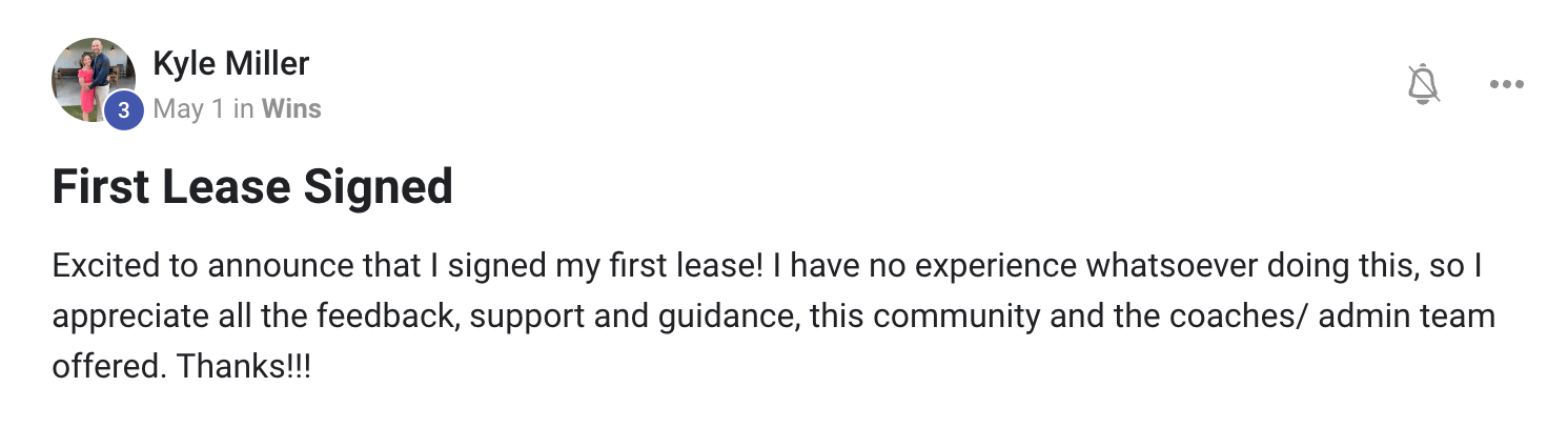 Student screenshot saying first lease signed with no prior experience