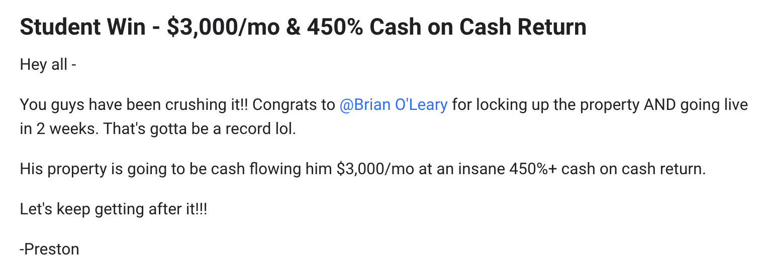 Brian O'Leary screenshot showing three thousand dollars a month and high cash on cash return