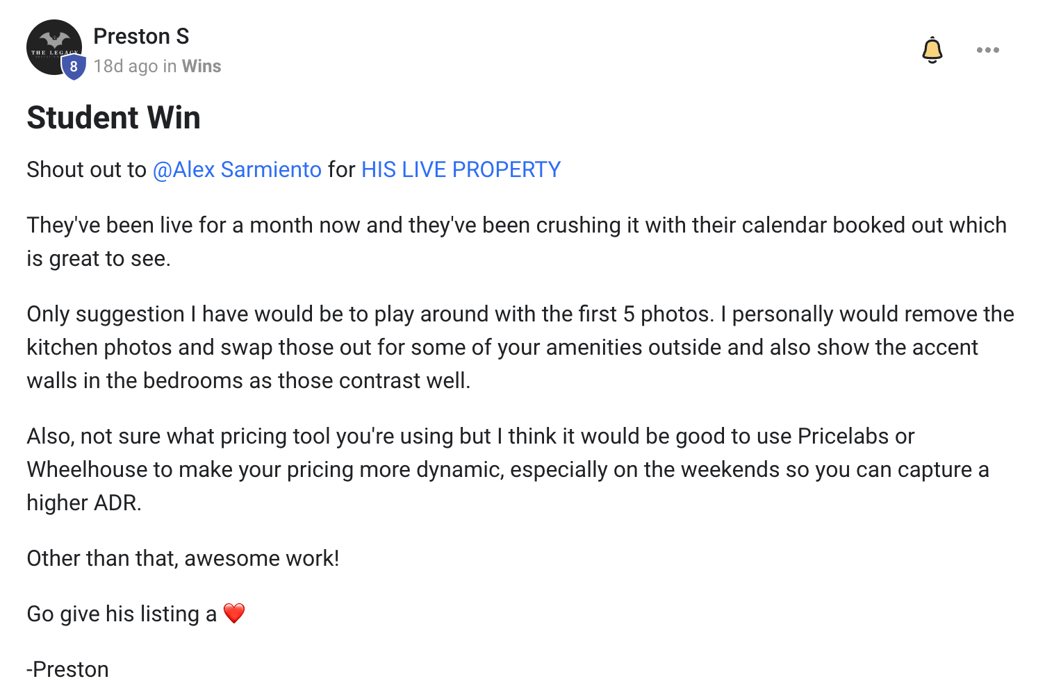Alex Sarmiento screenshot showing a live property with a booked-out calendar