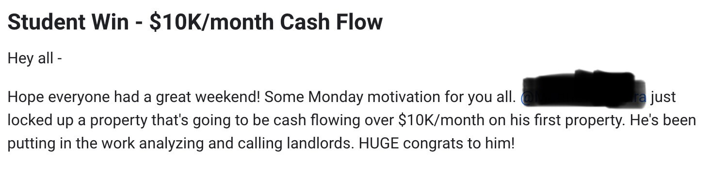 Preston-posted screenshot showing ten thousand dollars monthly cash flow on first property