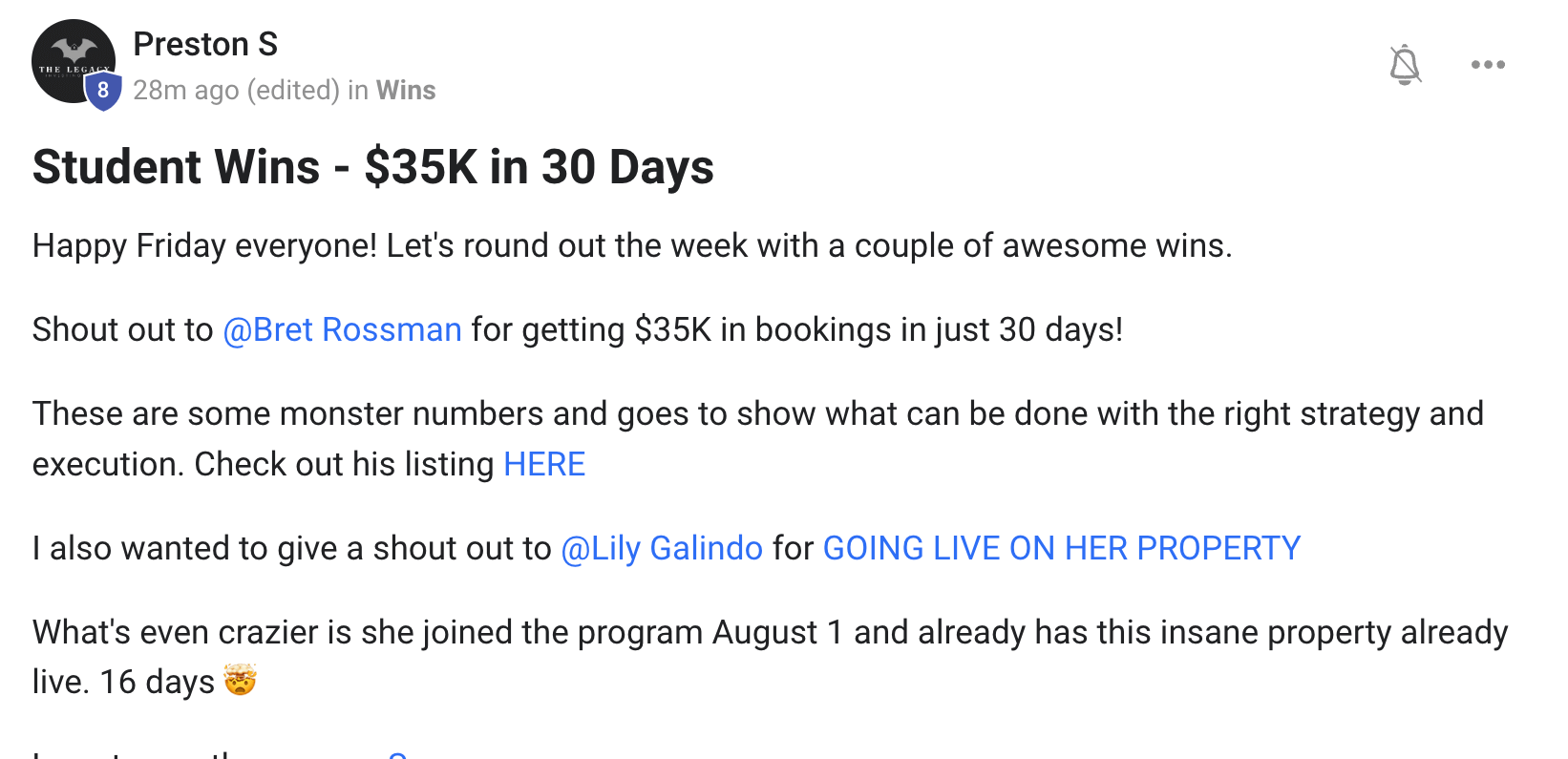 Preston-posted student wins screenshot showing thirty five thousand dollars in bookings in thirty days