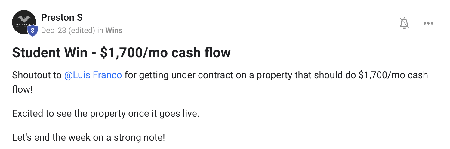 Luis Franco Preston-posted screenshot showing seventeen hundred dollars monthly cash flow