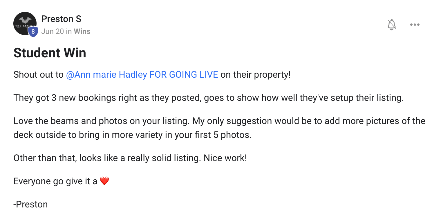 Ann Marie Hadley screenshot showing a property went live and received three new bookings